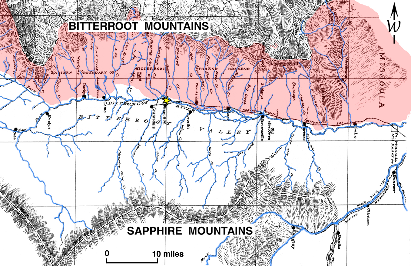 Early map of the Bitterroot valley. Area in red shows where spotted fever infection occurred