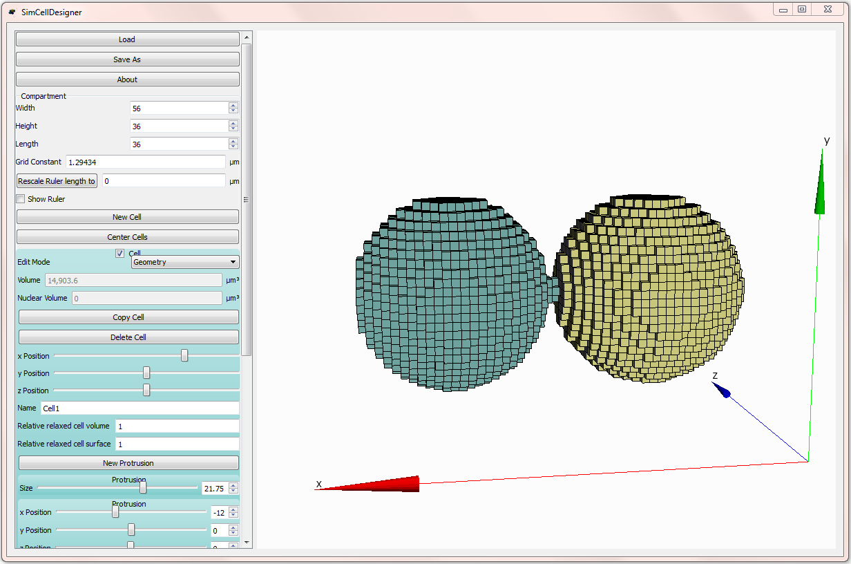 The graphical interface for defining cellular morphologies. Cells can be built in a modular way using combinations of “protrusions” that can be nested to specify intracellular organelles, embedded into cells of (in principle) any coherent shape.