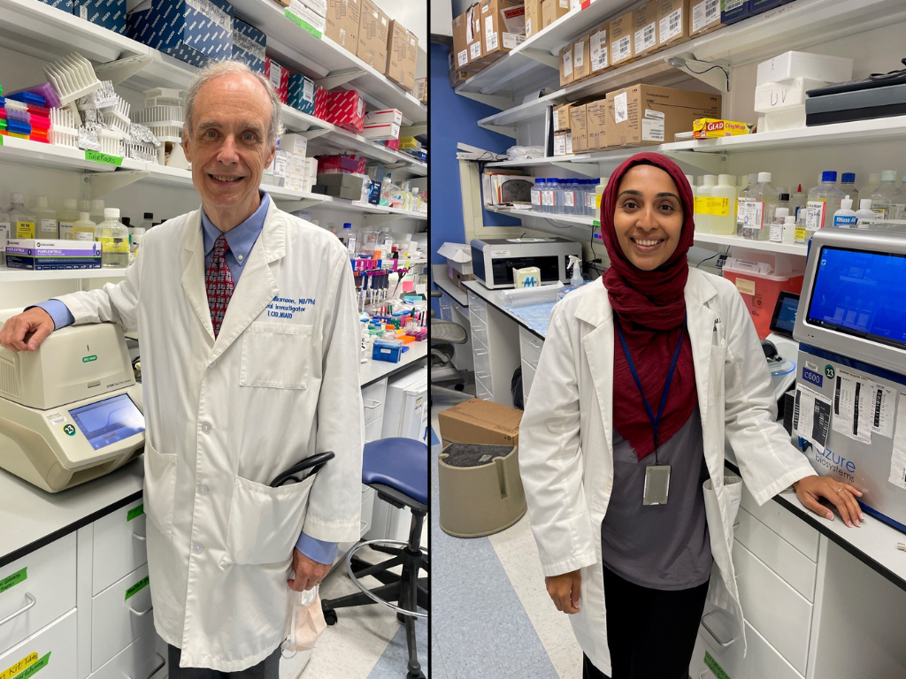 two side by side images of scientists in lab coats in their lab