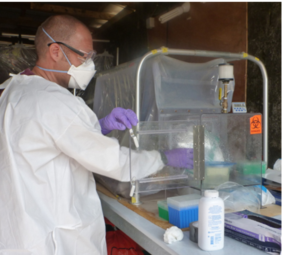 Dr. Vincent Munster working with blood samples of patients suspected of Ebola virus infection during the Ebola virus epidemic in West Africa 2014 – 2015