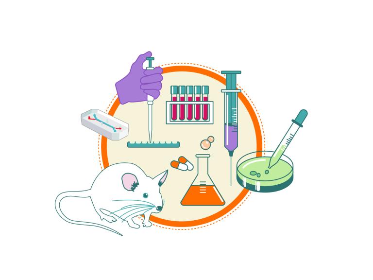 icons of a mouse, chemistry and lab equipment, a tissue chip, a syringe, and pills