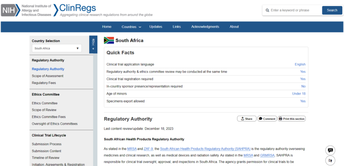 Screenshot demonstrates a country profile page on the ClinRegs website.