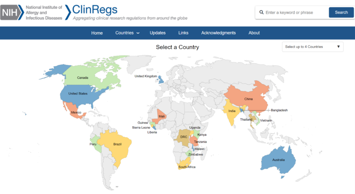 Screenshot demonstrates the ClinRegs website homepage