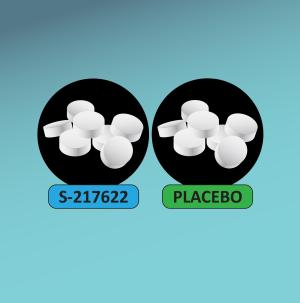 A cartoon of S-217622 pills along side placebo pills