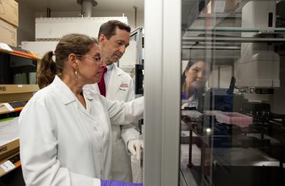 VRC scientists working with a Biomek Nxp robot, which is used to set up and harvest cultures of HIV patients' B cells that are used in the discovery of novel HIV neutralizing antibodies.