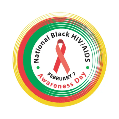 Three concentric circles in yellow, red, and green with a folded red ribbon in the center and text that reads “National Black HIV Awareness Day, February 7” 