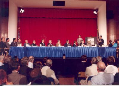 Dr. Anthony Fauci presenting on AIDS during a visit to campus by Ronald Reagan in 1987.