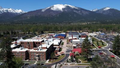 Ariel view of NIH's Rocky Mountain Labs campus in Hamilton, Montana, looking west at Downing Mountain.