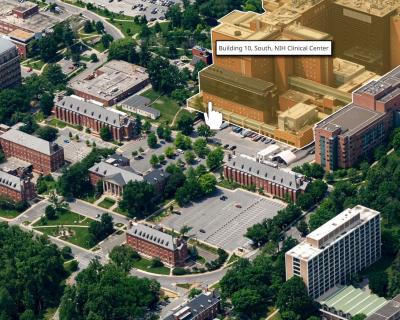 the NIH campus seen from above with a cursor hovering over a building that is highlighted and the name of the building appears