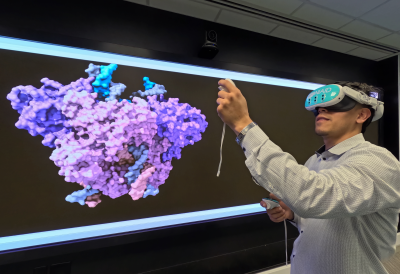 A NIAID BioViz team member wearing a virtual reality headset uses a hand-held controller to manipulate a molecular model in virtual space. The model is displayed behind him on a large video wall.