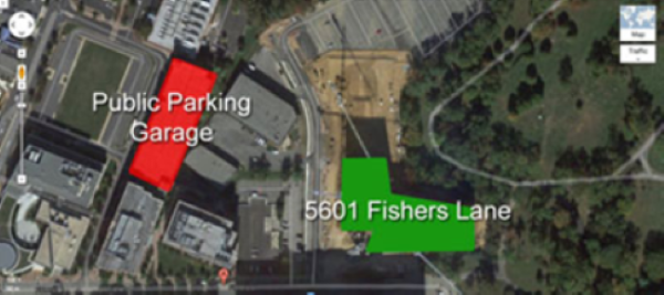 Illustration of public parking lot in reference to 5601 Fishers Lane