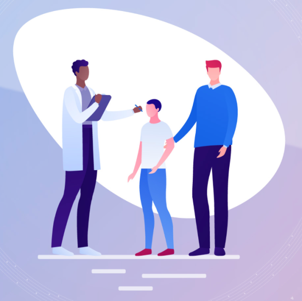 cartoon of a hospital administrator talking to two people about their test results
