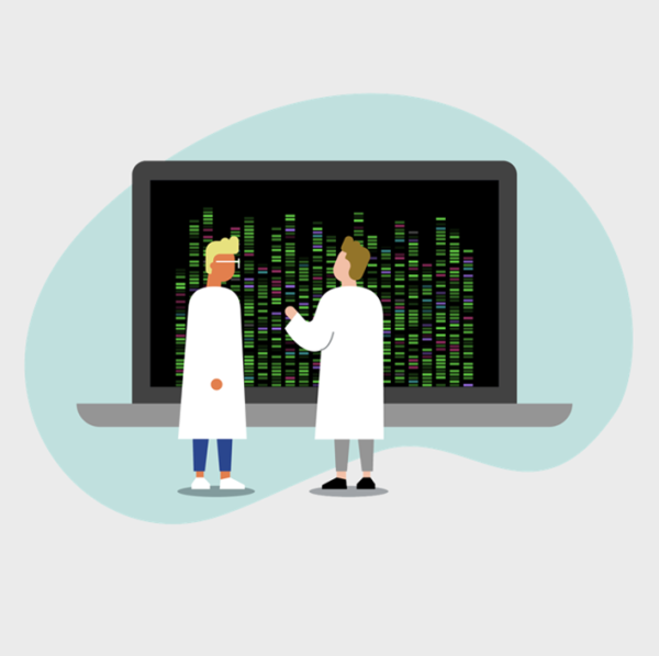 A cartoon of two doctors in lab coats standing in front of a big laptop screen with data on it.