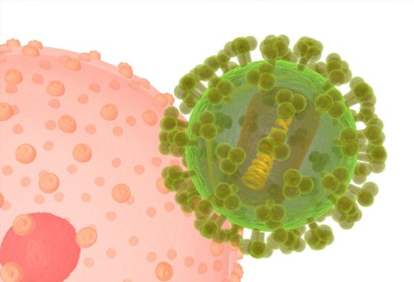 Illustration of HIV virus infecting a cell