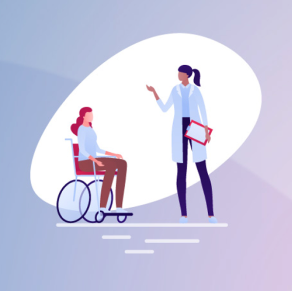 A cartoon of a hospital administrator talking to a woman in a wheelchair.