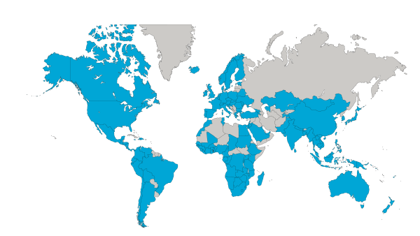 Map of the world showing research locations
