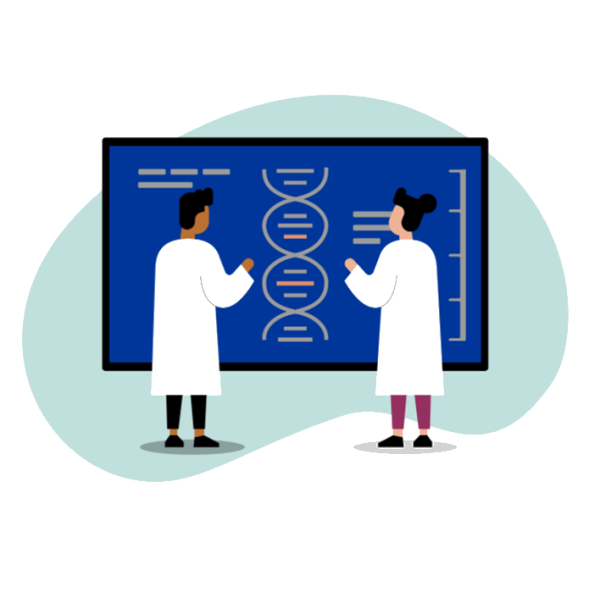 A cartoon of two scientists drawing DNA on a board.
