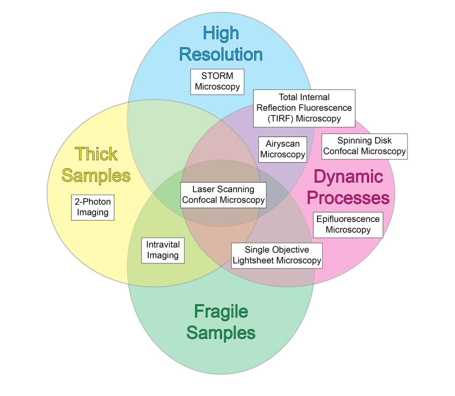 Venn diagram showing the overlap of high resolution, dynamic processes, fragile samples, and thick samples. The table linked above offers an accessible version of the information.