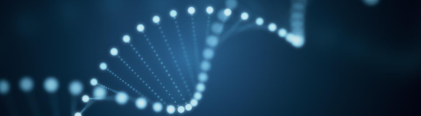 decorative image of dark background with light double helix running left to right