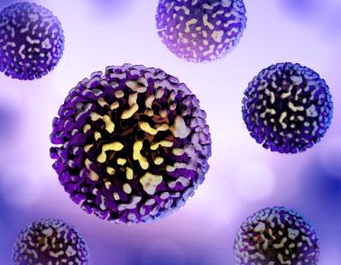 Creative artwork featuring colorized 3D print imagery of hepatitis B virus.