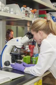 A scientist demonstrating the type of work done in a lab