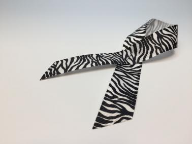 Zebra-print ribbon, a symbol for awareness of primary immunodeficiencies and other rare diseases, on a plain white surface