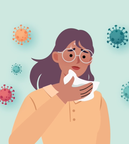 cartoon of woman holding a tissue like she is about to sneeze, virus cartoons floating around behind her