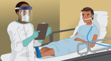 A cartoon of a doctor looking at a patient's chart while patient is in a hospital bed.