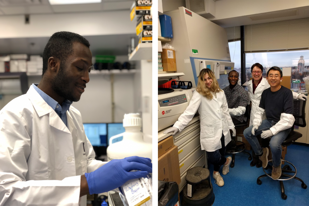 Samuel Owusu working in a lab and posing for a photo with his lab mates