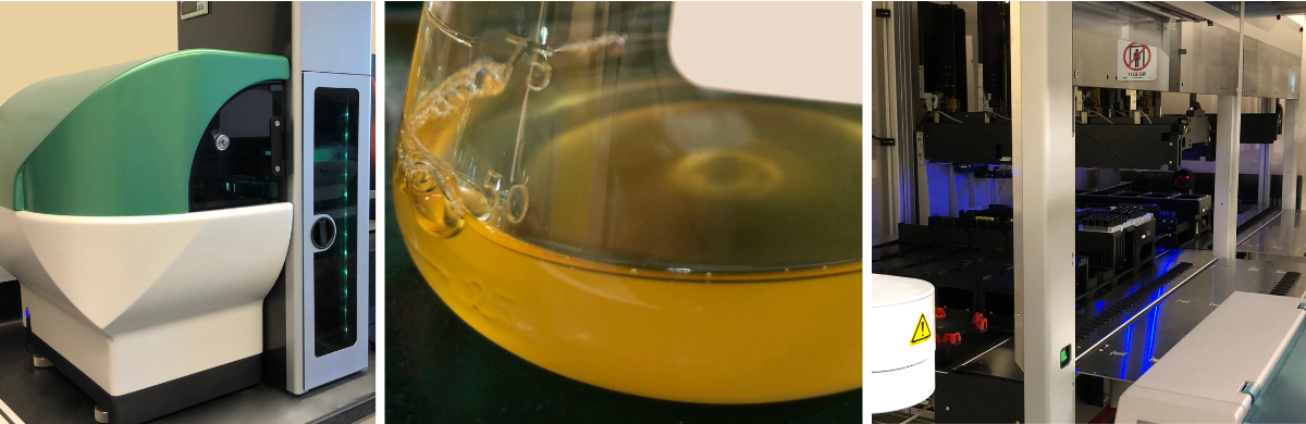 Left: High throughput cell growth monitoring. Center: Cell suspension. Right: Automated platform for cell culture, plating, and sampling