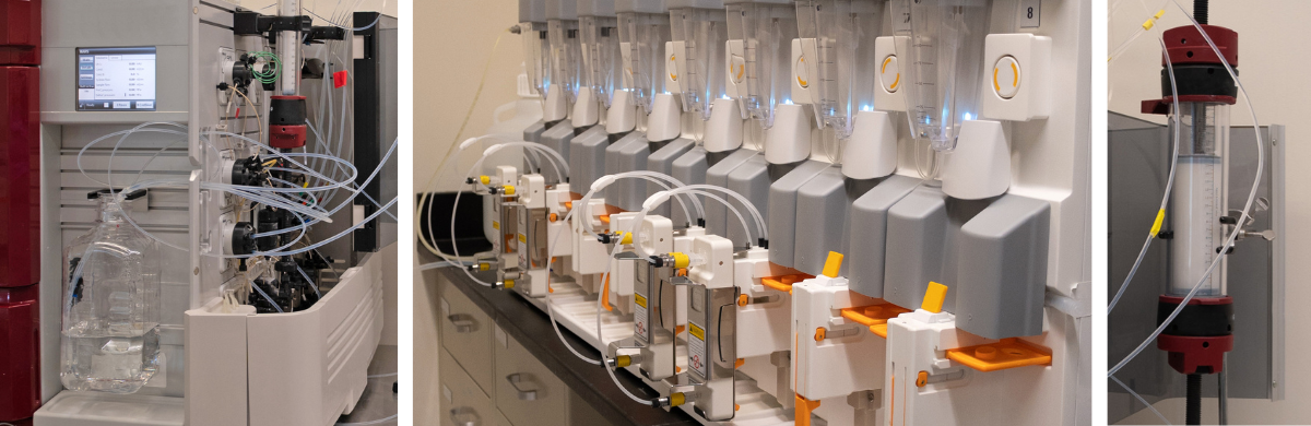 Left: Small scale purification system. Center: High throughput parallel ultrafiltration system. Right: Mid-scale gel chromatography column.