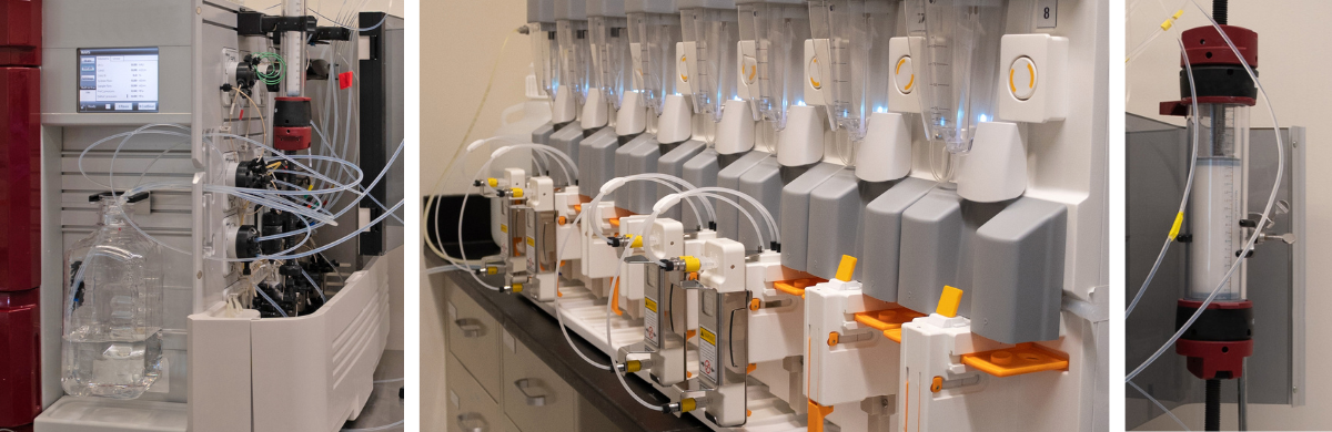 Left: Small scale purification system. Center: High throughput parallel ultrafiltration system. Right: Mid-scale gel chromatography column. 