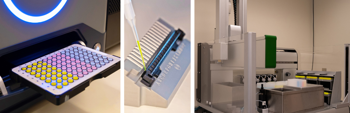 Left: High throughput Background Membrane Imaging particle counter. Center: Loading a micro-volume Fluorescence cuvette. Right: Automated ultrafiltration liquid handler.