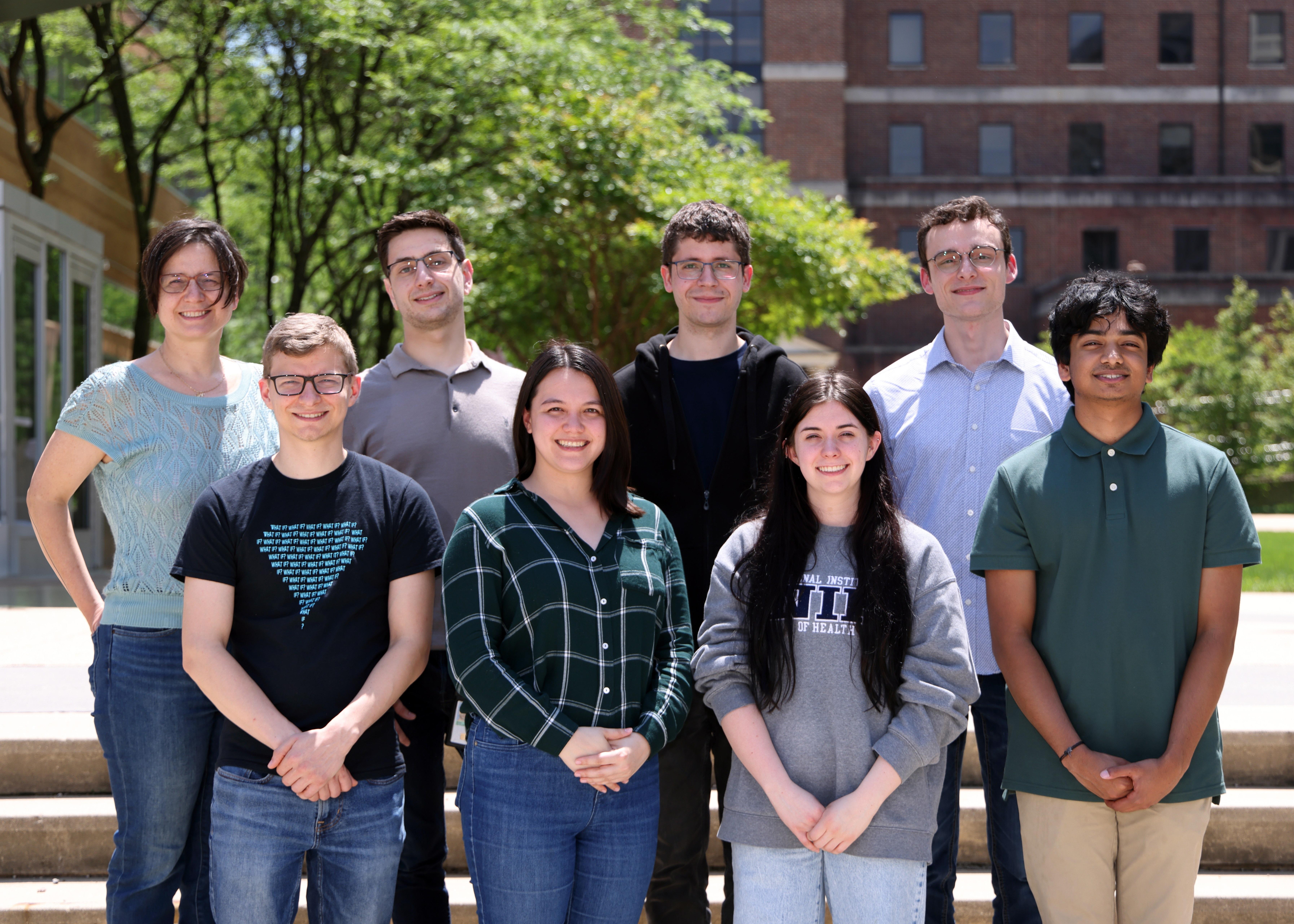 Single Virion Biology and Biophysics Unit, 2023. Left to right: Nick Berg, Predoctoral IRTA Fellow (October 2023), Ava Altenbern, Postbaccalaureate IRTA Fellow, Tijana Ivanovic, Senior Investigator, Ed Partlow, Postdoctoral Fellow, Anna Jaeggi-Wong, Postbaccalaureate IRTA Fellow, Steven Planitzer, Predoctoral IRTA Fellow.