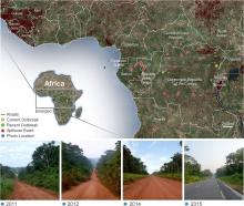Map illustrating areas of primary human infections of Zaire ebolavirus and the density of road construction.