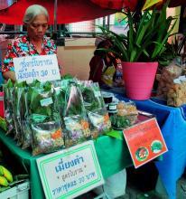 Woman selling vegetable snacks in a Thai market