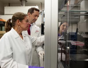 VRC scientists working with a Biomek Nxp robot, which is used to set up and harvest cultures of HIV patients' B cells that are used in the discovery of novel HIV neutralizing antibodies.