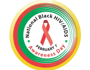 Three concentric circles in yellow, red, and green with a folded red ribbon in the center and text that reads “National Black HIV Awareness Day, February 7” 