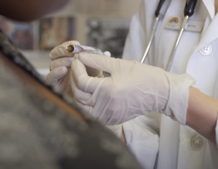 Clinician holds syringe with experimental vaccine