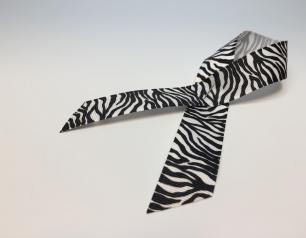 Zebra-print ribbon, a symbol for awareness of primary immunodeficiencies and other rare diseases, on a plain white surface