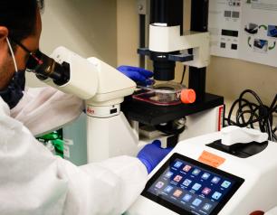 NIAID researcher uses an electron microscope.