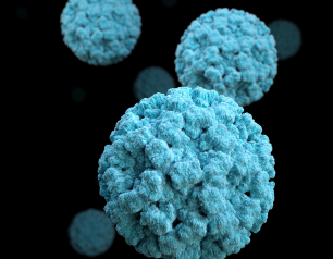 One blue spherical viral particle in the foreground with several smaller blue spherical viral particles behind it, set against a black background.