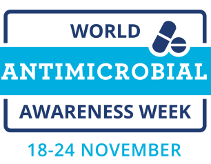 A logo reading "World Antimicrobial Awareness Week, 18-24 November." Two blue cartoon pills accent the logo.