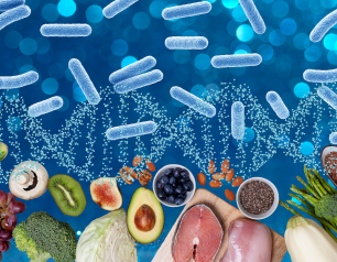 Common foods in foreground, blue background with light blue rod-shaped particles dispersed across the top, and double-helix shape across the middle.