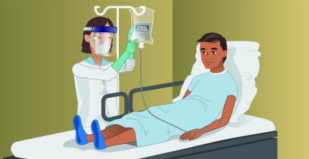 A cartoon of a patient in a hospital bed with a nurse checking the IV.
