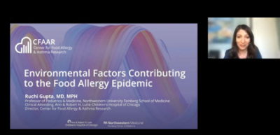 A slide reading "Environmental Factors Contributing to the Food Allergy Epidemic". A headshot of Ruchi Gupta, MD, MPH is in the upper right corner.